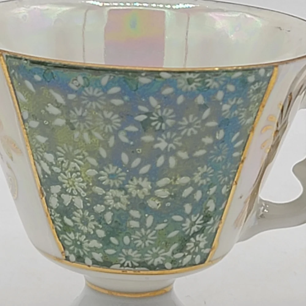 Japanese Lusterware Demitasse Cup Saucer Gold Trim Iridescent Floral Panels Vtg